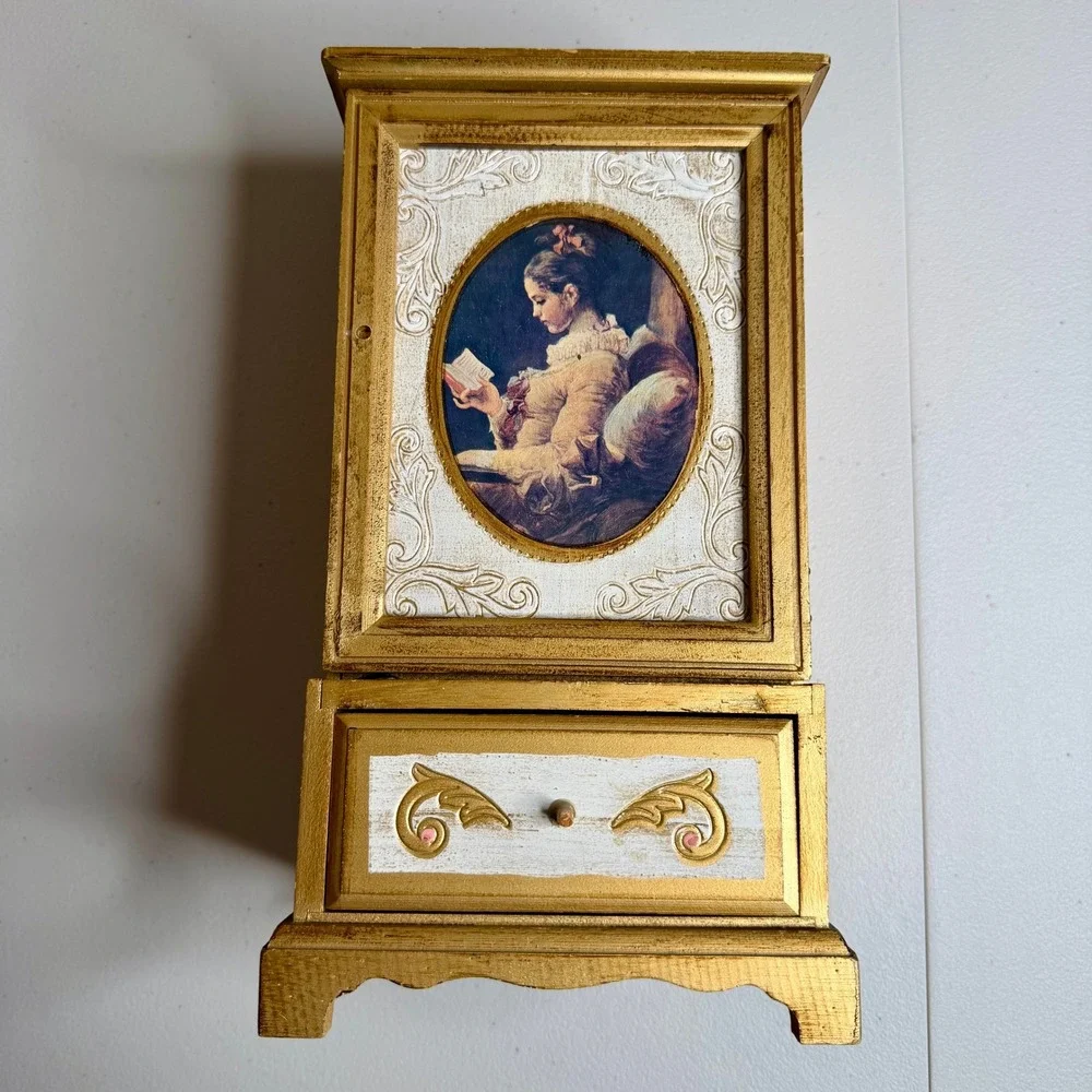 Vintage Toyo Japan Musical Jewelry Box Armoire Gold Wood Portrait 4 Drawer 12.5